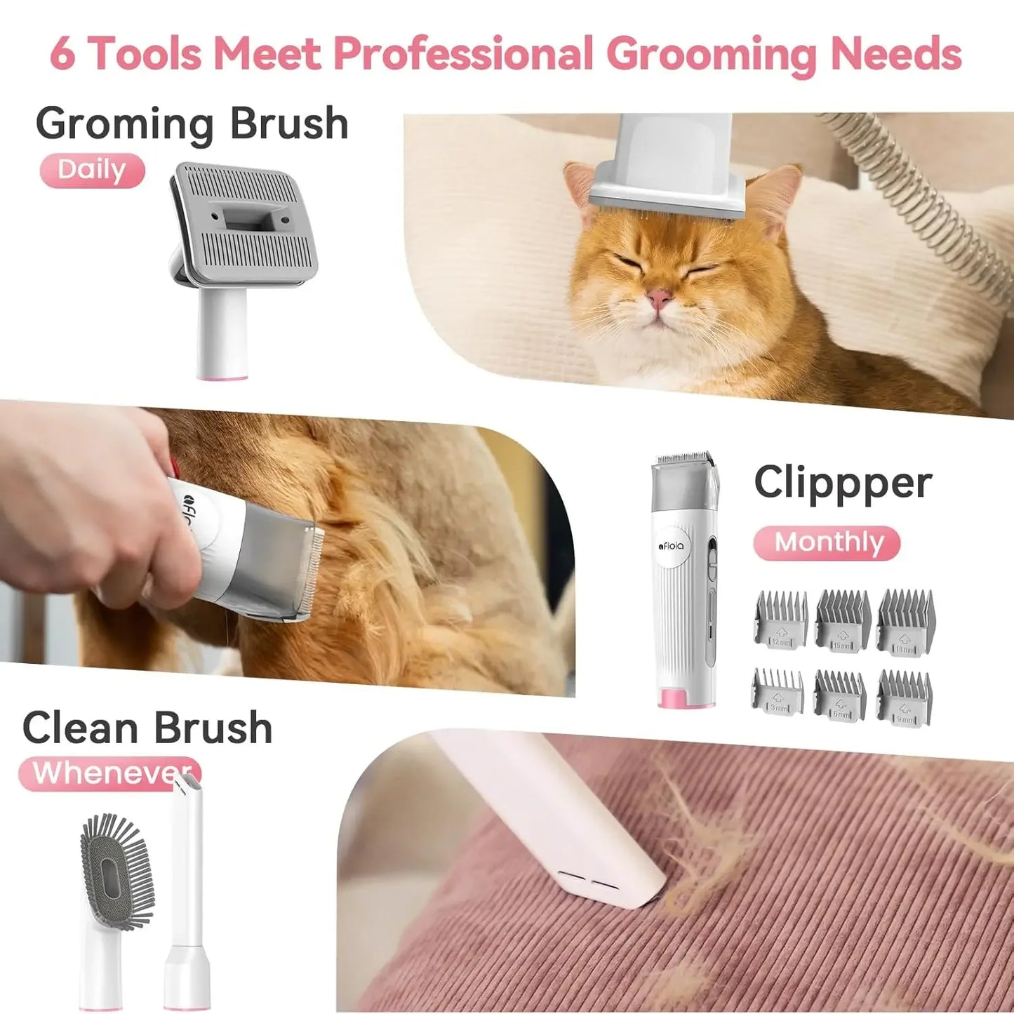 Dog Grooming Kit, Pet Grooming Vacuum & Dog Clippers & Dog Brush for Shedding with 5 Pet Grooming Tools